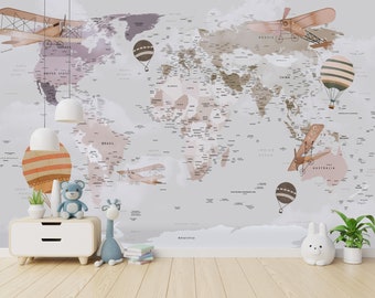 Karte Wallpaper | Schälen und Aufkleben | Abnehmbar | Weltkarte Wandbild | Kinderzimmer Tapete | Kinderzimmer Dekor | Kinder Tapete