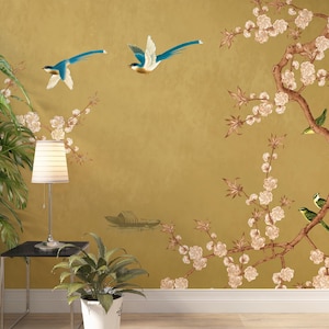 Peel and Stick Chinoiserie Wallpaper: Yellow Garden Bird Mural