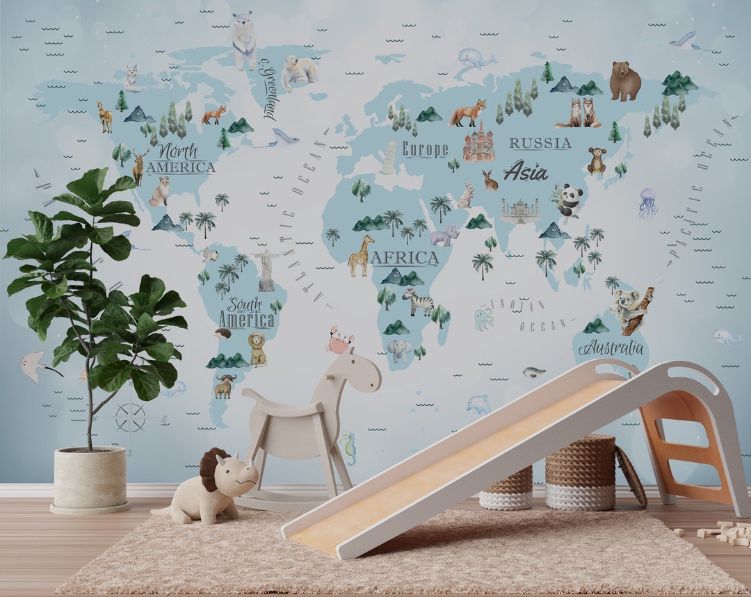 Kids World Map Wallpaper: Peel and Stick Nursery Wall Mural - Etsy