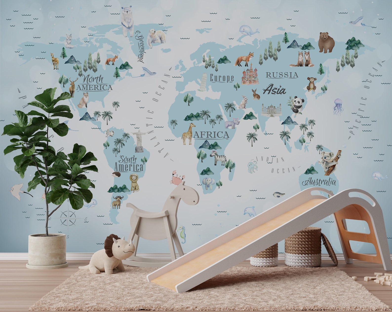 Kids World Map Wallpaper: Peel and Stick Nursery Wall Mural - Etsy