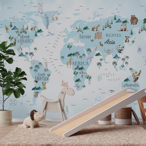 Behang kinderwereldkaart | Schil en plak | Afneembaar | Muurschildering wereldkaart | Kinderkamerbehang | Kinderkamerdecoratie | Wanddecoratie kinderkamer