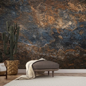 Pietra di granito minerale / Carta da parati effetto pietra / Tono marmo blu marrone / Carta da parati cemento / Carta da parati Art Deco / Decorazione da parete / Murale da parete cool
