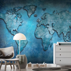 Karte Wallpaper | Schälen und Aufkleben | Abnehmbar | Weltkarte Wandbild | Blaue Karte Wallpaper | Zimmer Dekor | Wandbild | Wallpaper mit Dunkler Landkarte