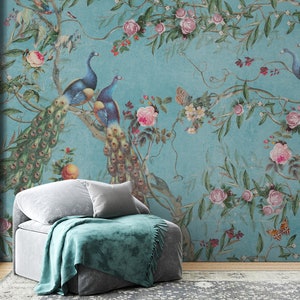 Carta da parati Pavoni / Pavoni con melograni e rose / Stacca e attacca / Carta da parati Art Deco / Carta da parati Chinoiserie / Decorazione da parete