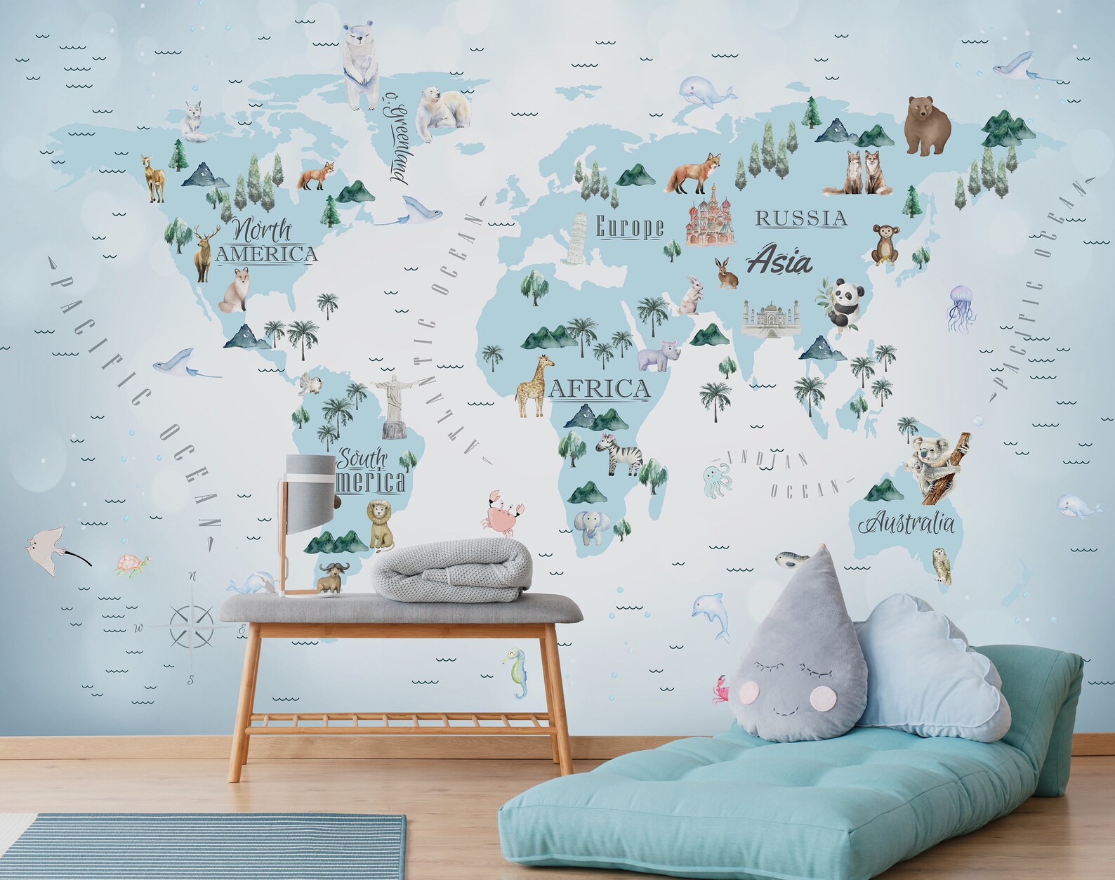 Kids World Map Wallpaper: Peel and Stick Nursery Wall Mural - Etsy
