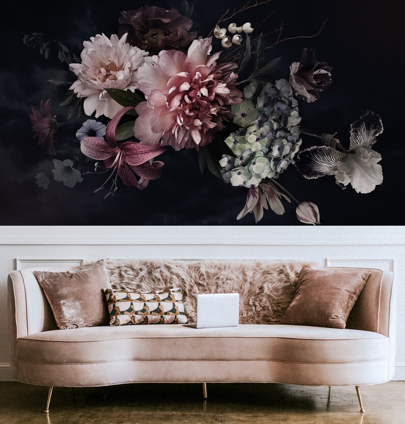 Dark Floral Peony Wallpaper: Peel and Stick Wall Decor - Etsy