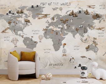 Carta da parati con mappa del mondo per bambini: decorazioni per la cameretta dei bambini