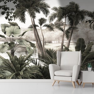 Tropical Lake Wallpaper: Exotic Trees, Peel and Stick Wall Decor