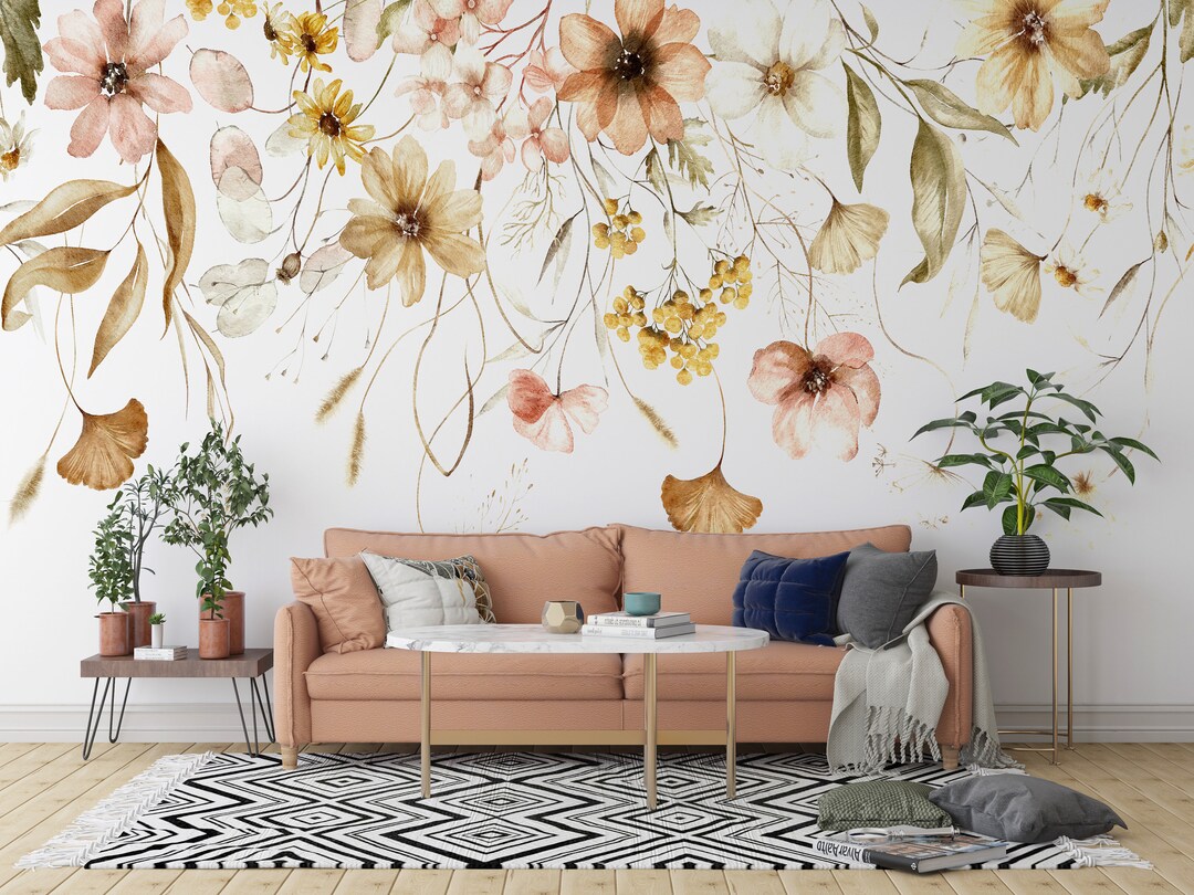 Watercolor Floral Wallpaper: Autumn Wildflower Peel and Stick Mural - Etsy