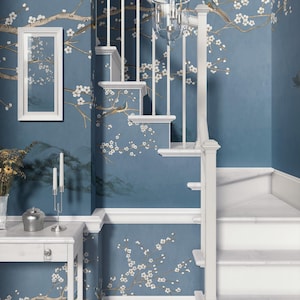 Blue Chinoiserie Wallpaper | Peel and Stick | Removable | Garden Wallpaper | Bird Wallpaper | Exotic Wallpaper | Chinoiserie Mural