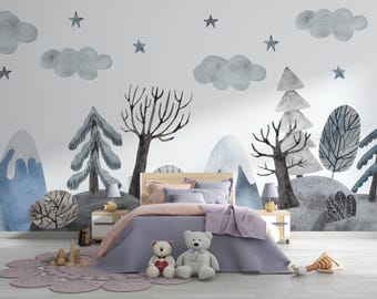 Kid Nursery Wallpaper | Watercolor Woodland Nursery Decor | Peel and Stick | Removable Wallpaper | Non woven | Trees and Stars