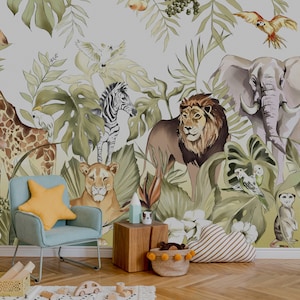 Carta da parati Safari / Stacca e incolla / Carta da parati per bambini / Carta da parati con fauna selvatica / Carta da parati con leone / Decorazione per la stanza dei bambini / Carta da parati della giungla