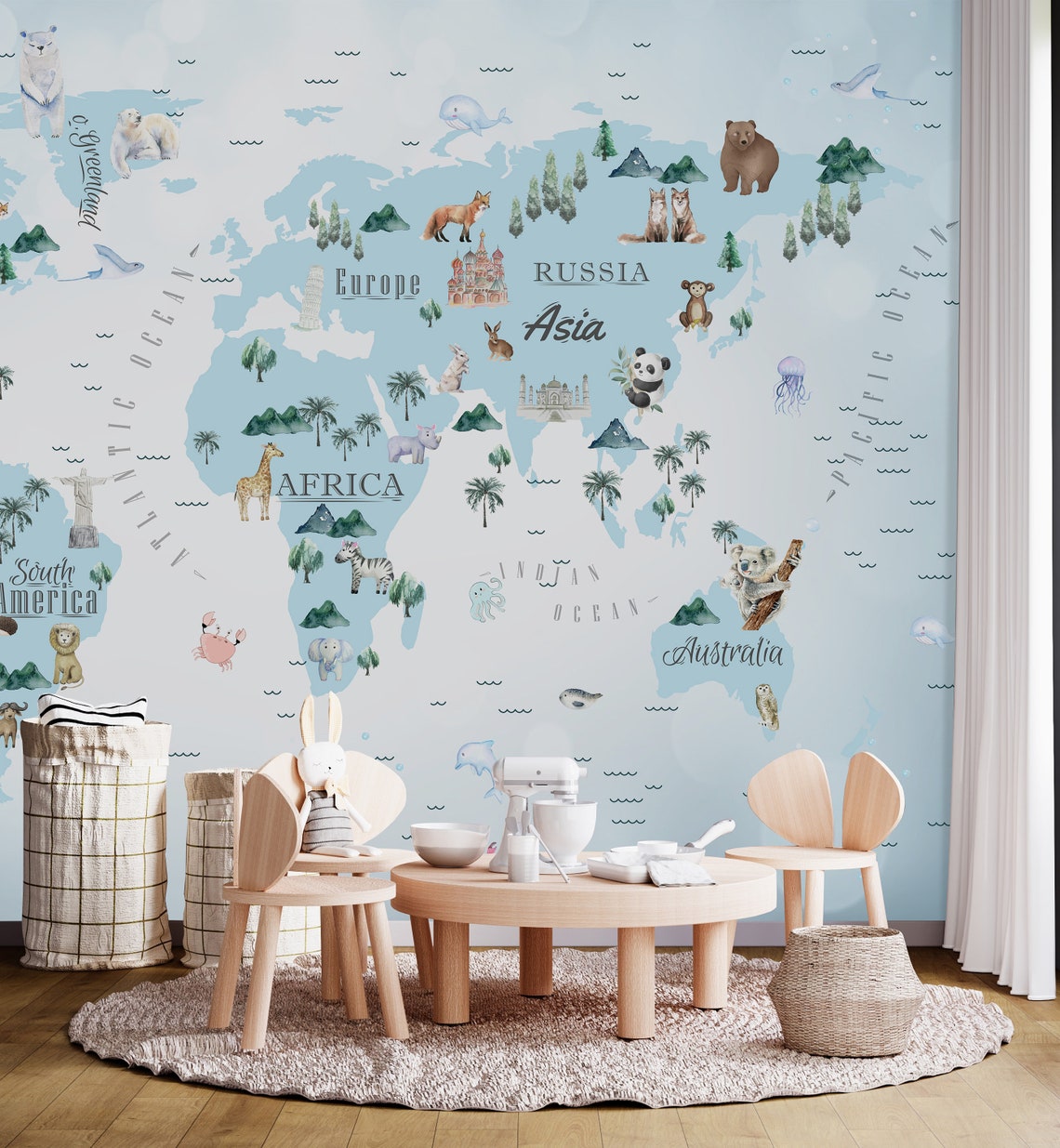 Kids World Map Wallpaper: Peel and Stick Nursery Wall Mural - Etsy