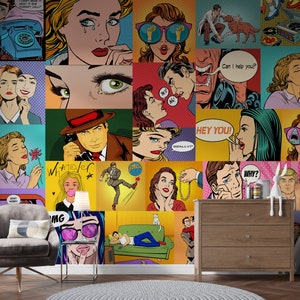 Pop Art Faces / Stacca e attacca / Pop Art retrò / Carta da parati Art Deco / Murale da parete a fumetti / Carta da parati Pop Art / Decalcomania a fumetti / Decorazione per la stanza