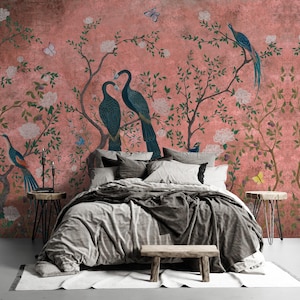 Peacock Chinoiserie Peel and Stick Wallpaper: Removable Bird Mural