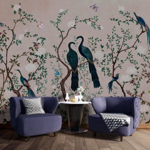 Pfau Chinoiserie Wallpaper | Schälen und Aufkleben | Vogel Tapete | Chinoiserie Wandbild | Exotische Tapete | Art Deco Tapete | Wanddekoration