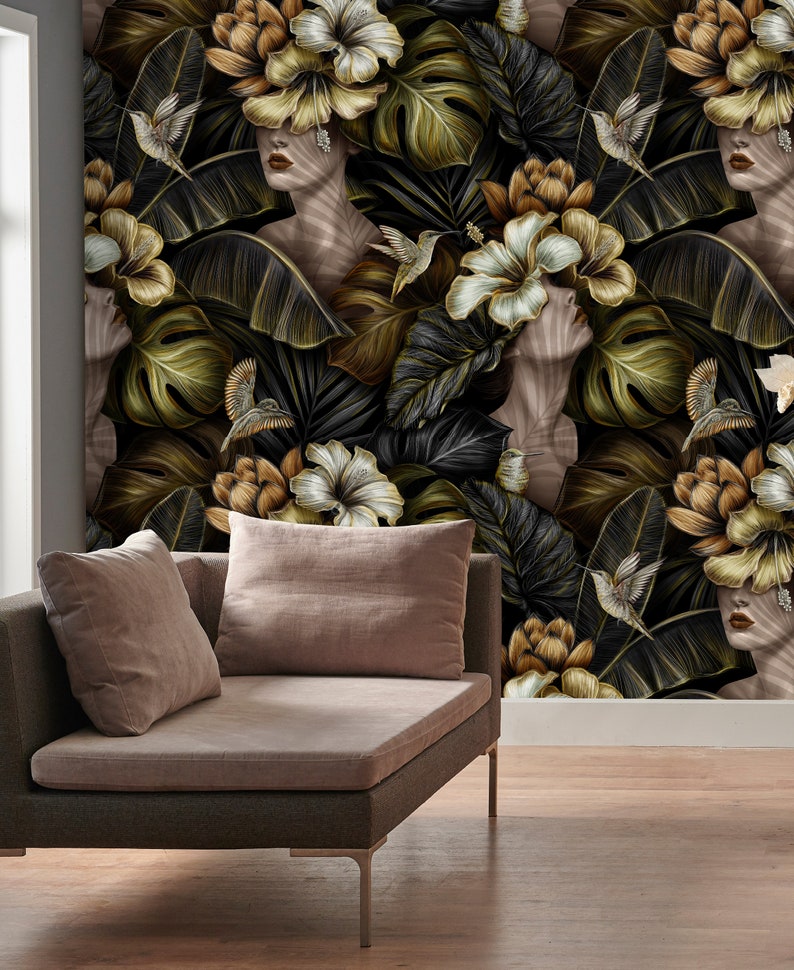 Exotic Women With Tropical Leaves Wallpaper: Peel and Stick Mural - Etsy
