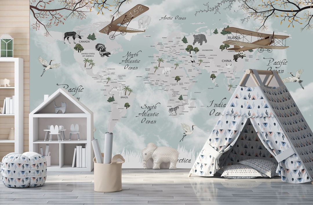 World Map Wallpaper | Kid Wallpaper | Removable | Map Wall Decor ...