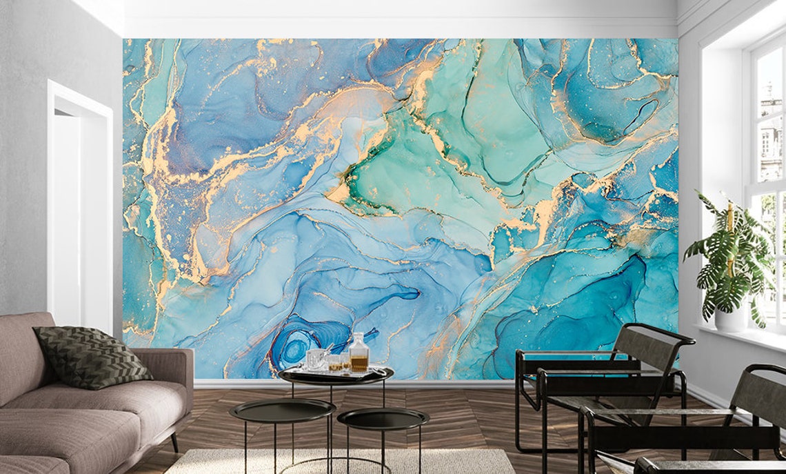 Blue Marble Mural Marble Wallpaper Removable Peel and Etsy