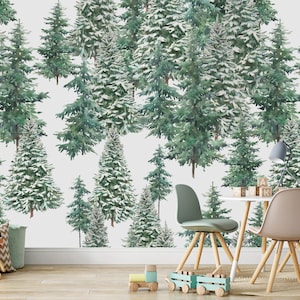 Watercolor Winter Woodland | Peel and Stick | Kid Wallpaper | Nursery Wall Decor | Frost Forest Trees | Forest Wall Decor | Evergreen Trees