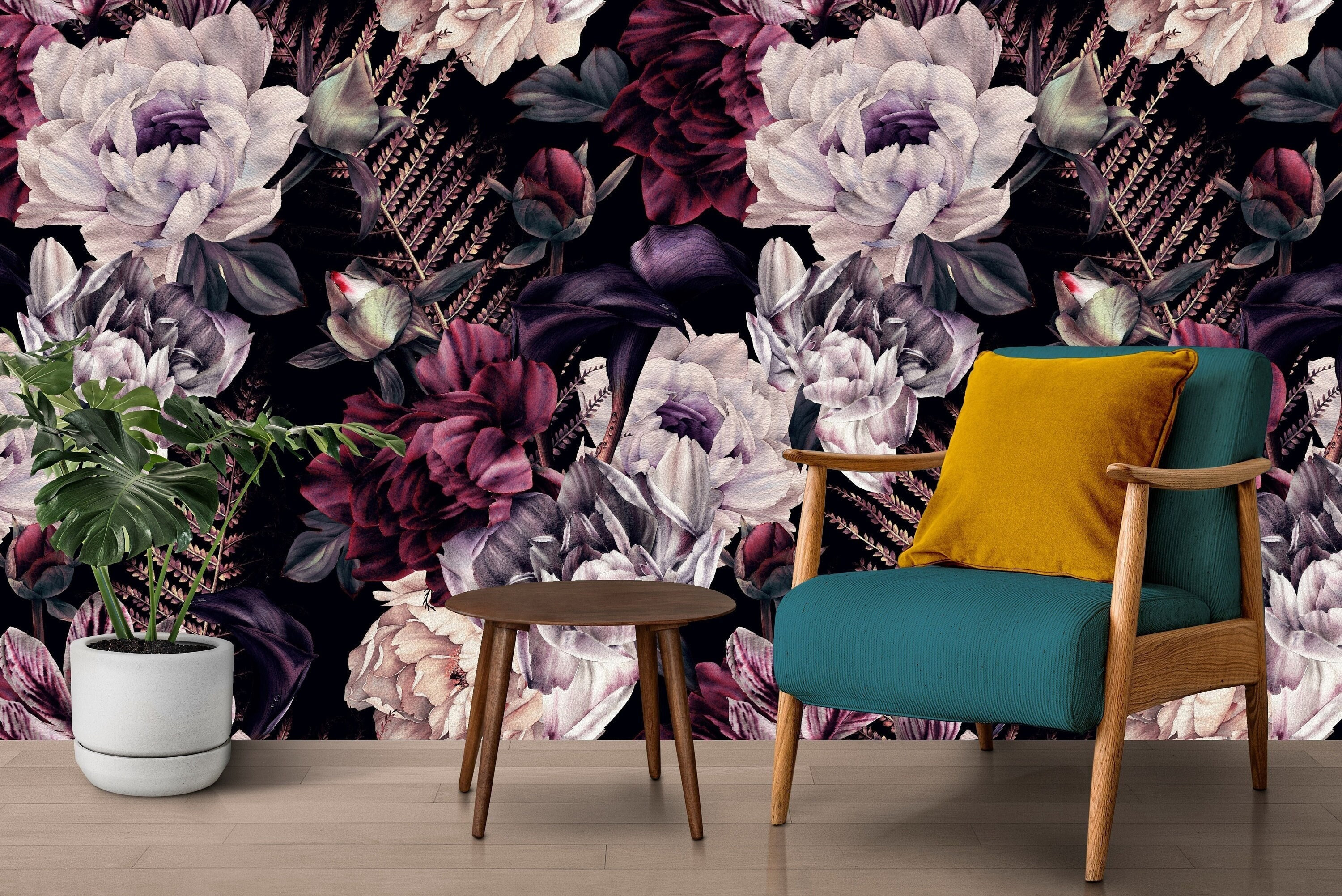 Dark Floral Wallpaper Peony Wallpaperwatercolor Floral Etsy