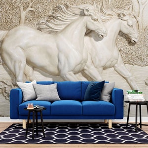 Papel de parede 3D - aparência de drywall, escultura de arte em drywall 3D - papel de parede Art Déco - decoração de parede - papel de parede 3D - papel de parede de cavalo, papel de parede de quarto