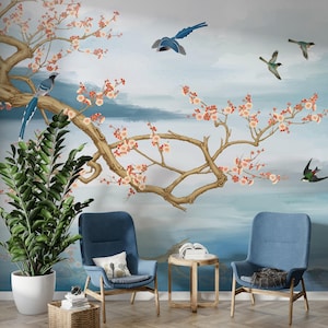 Blue Chinoiserie Wallpaper | Peel and Stick | Tree Branch Wallpaper | Exotic Bird Wallpaper | Chinoiserie Mural | Accent Wallpaper
