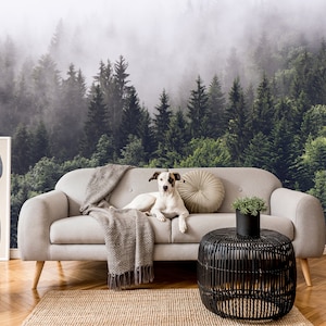 Papier peint forêt brumeuse | Peler et coller | murale forêt mystique | Décoration murale | Papier peint nature | Papier peint pour salon | Papier peint forêt