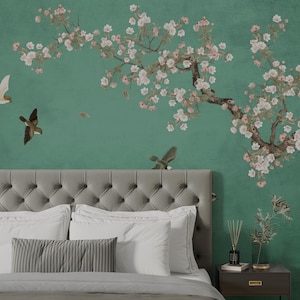 Green Chinoiserie Wallpaper | Peel and Stick | Removable | Birds Wallpaper | Traditional Decor | Custom Wallpaper | Chinoiserie Mural