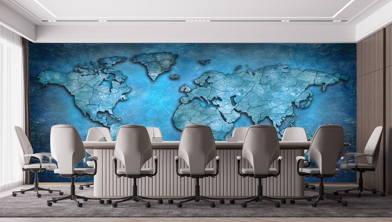 Blue World Map Wallpaper: Peel and Stick, Removable Wall Mural - Etsy