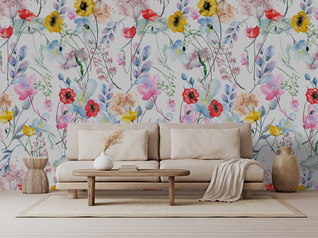 Watercolor Floral Wallpaper: Red Poppy Peel and Stick Mural - Etsy