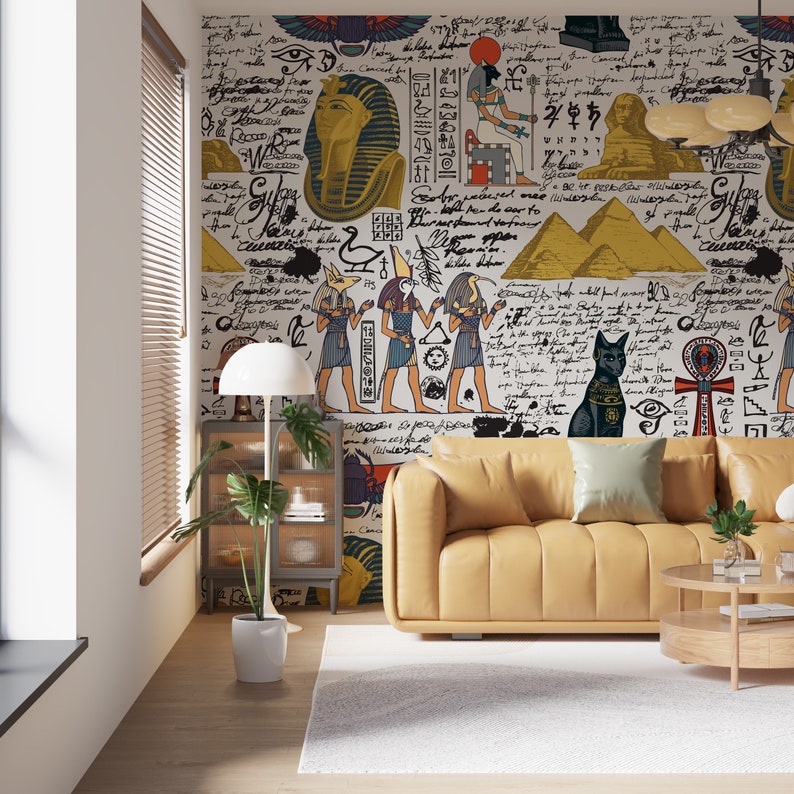 Ancient Egypt Gods Mural: Cat Sphinx Art Deco Peel and Stick Wallpaper ...