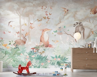 Woodland Animals Wallpaper: Peel and Stick Nursery Wall Mural