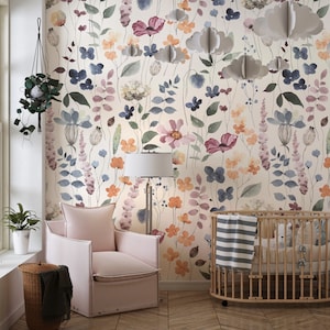 Pastel Floral Wallpaper | Wildflower Wallpaper | Peel and Stick | Removable | Home Decor | Self Adhesive | Vintage Floral | Flower Wallpaper