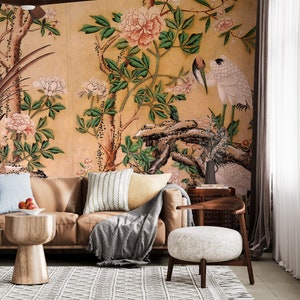 Vintage Chinoiserie Wallpaper | Peel and Stick | Botanical Wallpaper | Wall Decor | Landscape Wallpaper | Garden Mural | Boho Interior