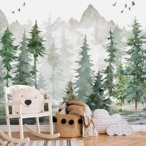 Carta da parati per bambini / Pini con uccelli da staccare e attaccare / Murale da parete di montagna / Adesivo da parete per bambini / Carta da parati per bambini con tema boschivo / Carta da parati con tema foresta