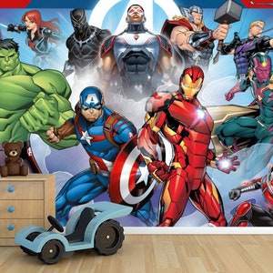 Avengers Kid Room Wallpaper | Peel and Stick | Marvel Wallpaper | Captain America, Iron Man, Hulk | Superhero Wallpaper | Marvel Wall Decal