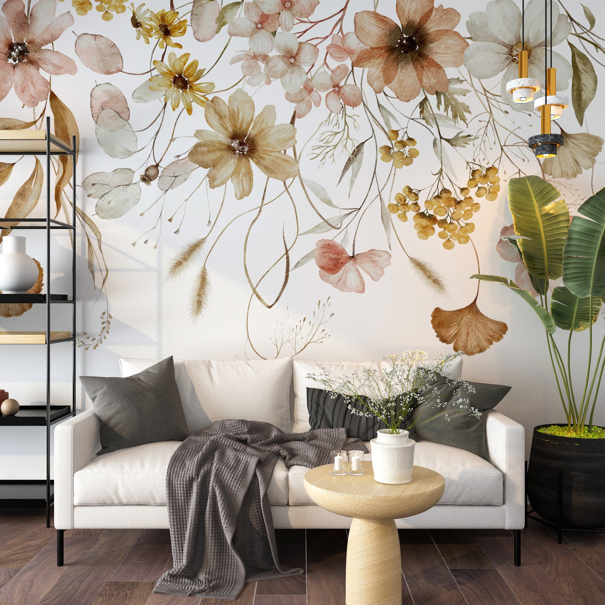 Watercolor Floral Wallpaper: Autumn Wildflower Peel and Stick Mural - Etsy