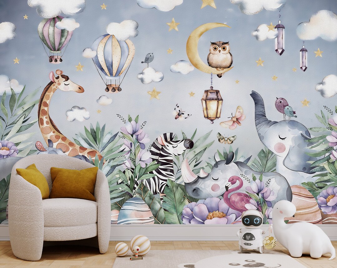 Animals in Jungle Wallpaper: Peel and Stick Nursery Wall Mural - Etsy