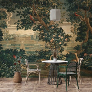Verdure con Château / Carta da parati da giardino / Stacca e attacca / Carta da parati Art Deco / Decorazione della stanza / Carta da parati con paesaggio vintage / Decorazione della parete