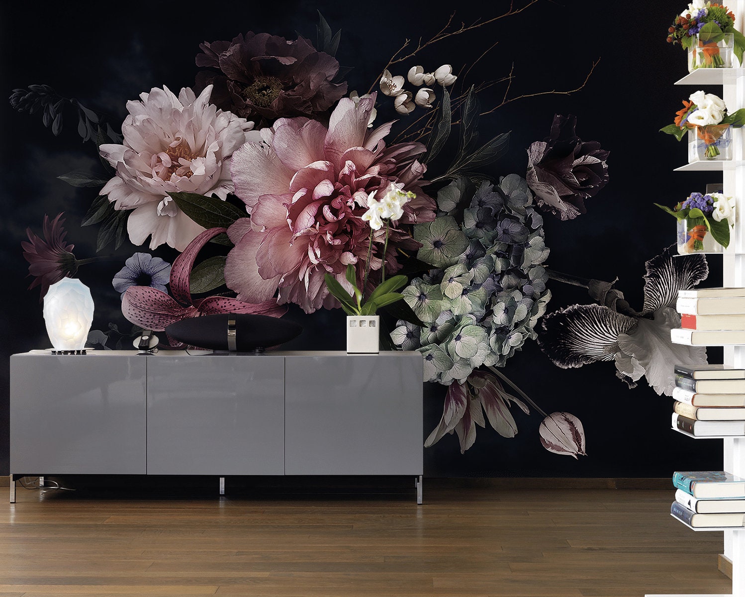 Dark Floral Peony Wallpaper: Peel and Stick Wall Decor - Etsy