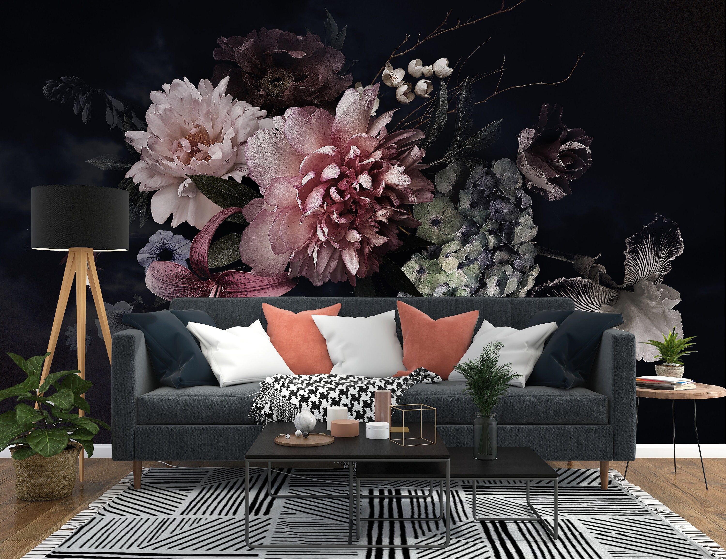 Dark Floral Peony Wallpaper: Peel and Stick Wall Decor - Etsy