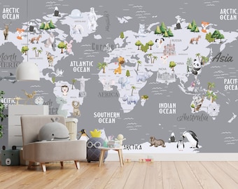 Animal World Map Wallpaper: Peel and Stick Kid Wall Mural
