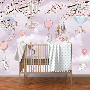 Girl Room Wallpaper | Peel and Stick | Clouds with a Golden Castle | Nursery Wallpaper | Kid Room Wallpaper | Baby Room Wallpaper