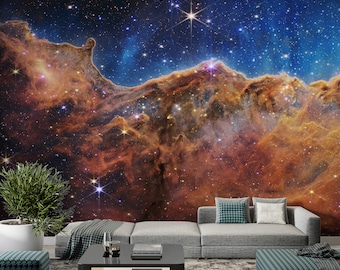 May include: A colorful nebula with a deep blue background and orange and red clouds. The nebula is filled with bright stars. A gray couch with pillows sits in front of the nebula.