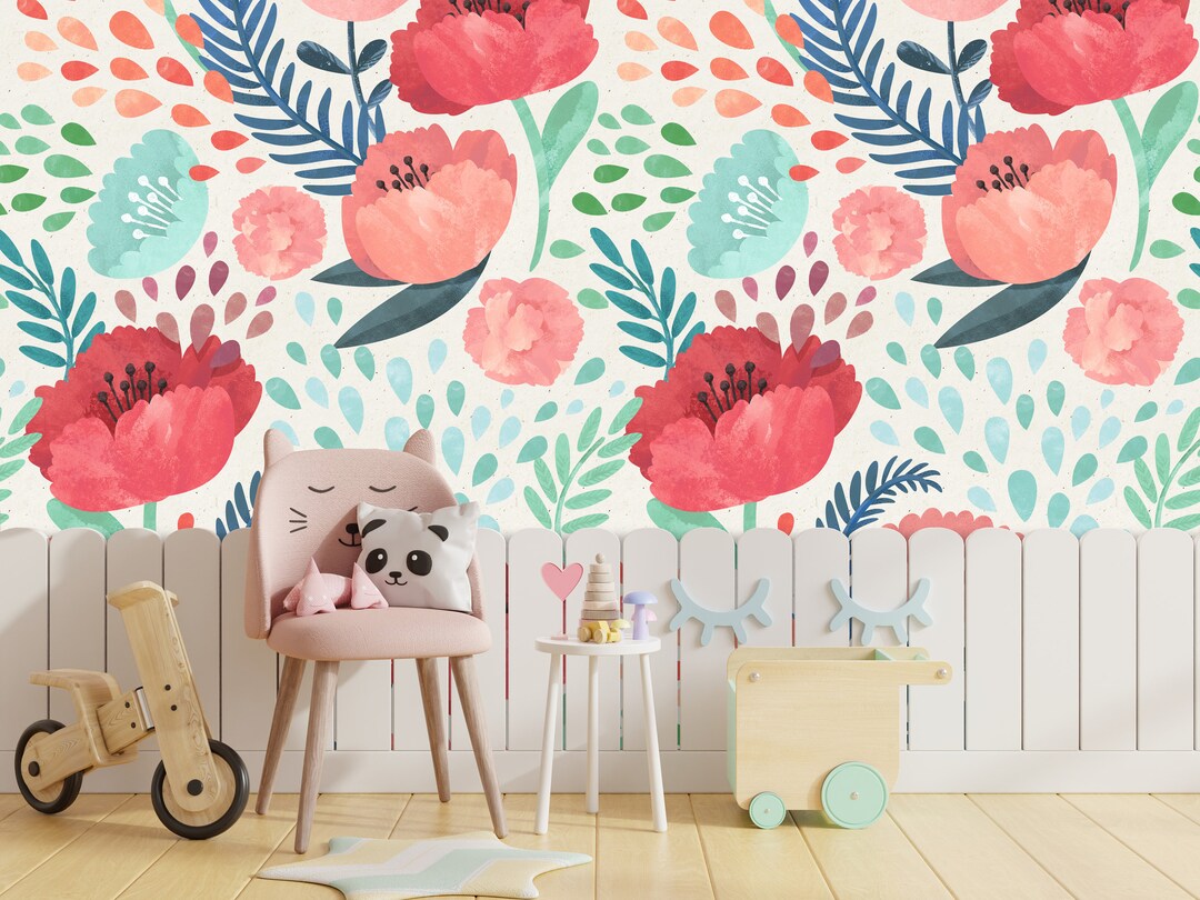 Red Poppy Wallpaper: Watercolor Floral Peel and Stick Art Deco Wall ...