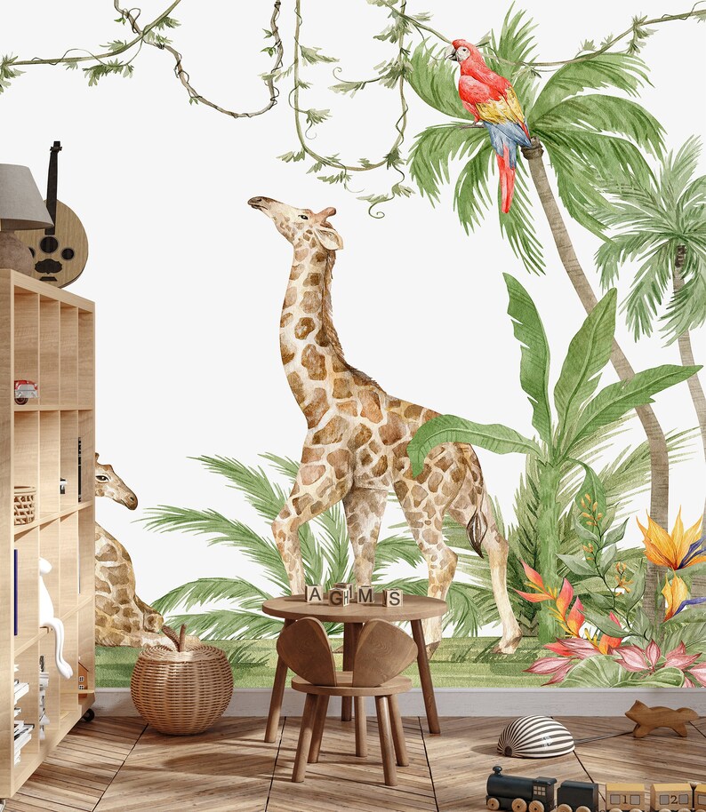 Jungle Nursery Wallpaper: Exotic Animals, Peel and Stick Wall Mural - Etsy