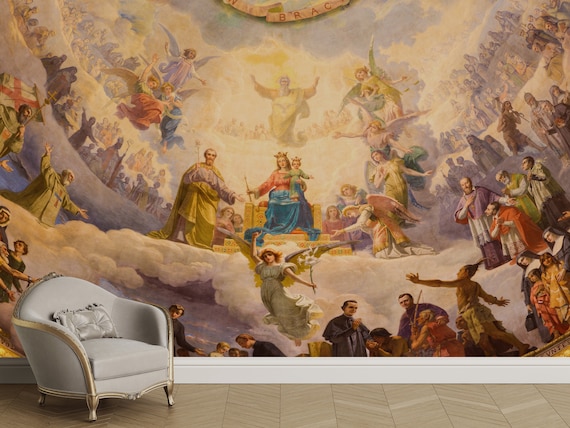 Mary Help of Christians Fresco Wallpaper: Renaissance Art Deco Mural, Peel and Stick
