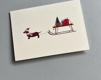 Fold-out card // Dachshund // Sled // Animal Christmas // Christmas Dachshund // Dog Christmas card // Funny Christmas card