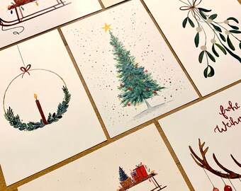 Lot de 7 cartes de Noël // Noël // Post de Noël // Carte de voeux Joyeux Noël // Idée cadeau // Sapin de Noël // Aquarelle